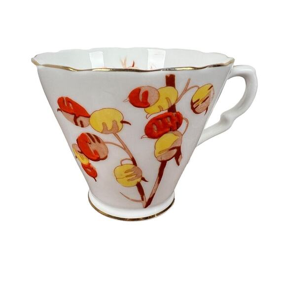 Gladstone Bone China Cup Saucer England Persimmon Fruit Scalloped Rim Gilded - Picture 5 of 14